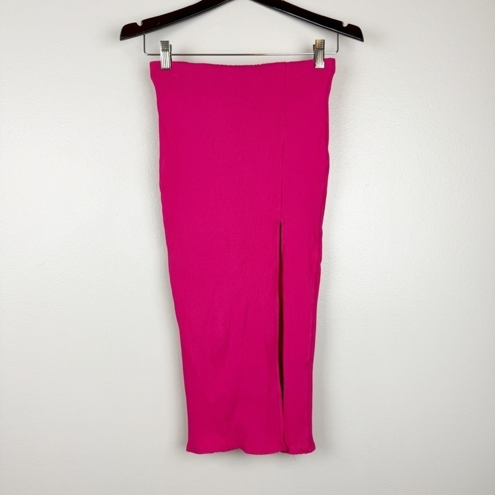Lulus Ribbed Knit Side Slit High Rise Sweater Midi Skirt Hot Pink Size M - Picture 2 of 5